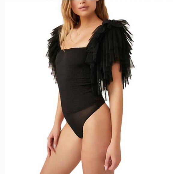 NWT Free People "Kill the Lights" Bodysuit Black Tulle Ruffle Sleeve Top Sm - Picture 1 of 13
